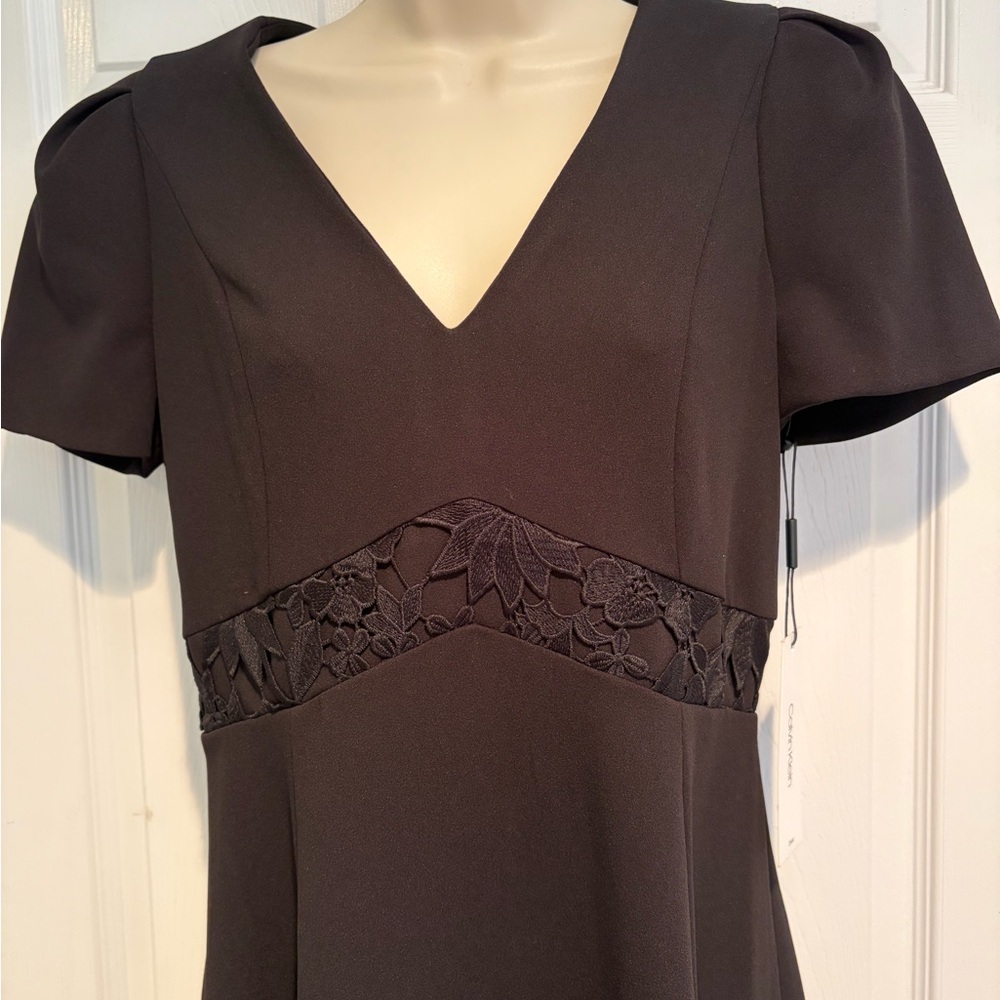 Calvin Klein Dress Size 8 NWT Black Lace Fit Flare Puff Sleeve Cocktail Party